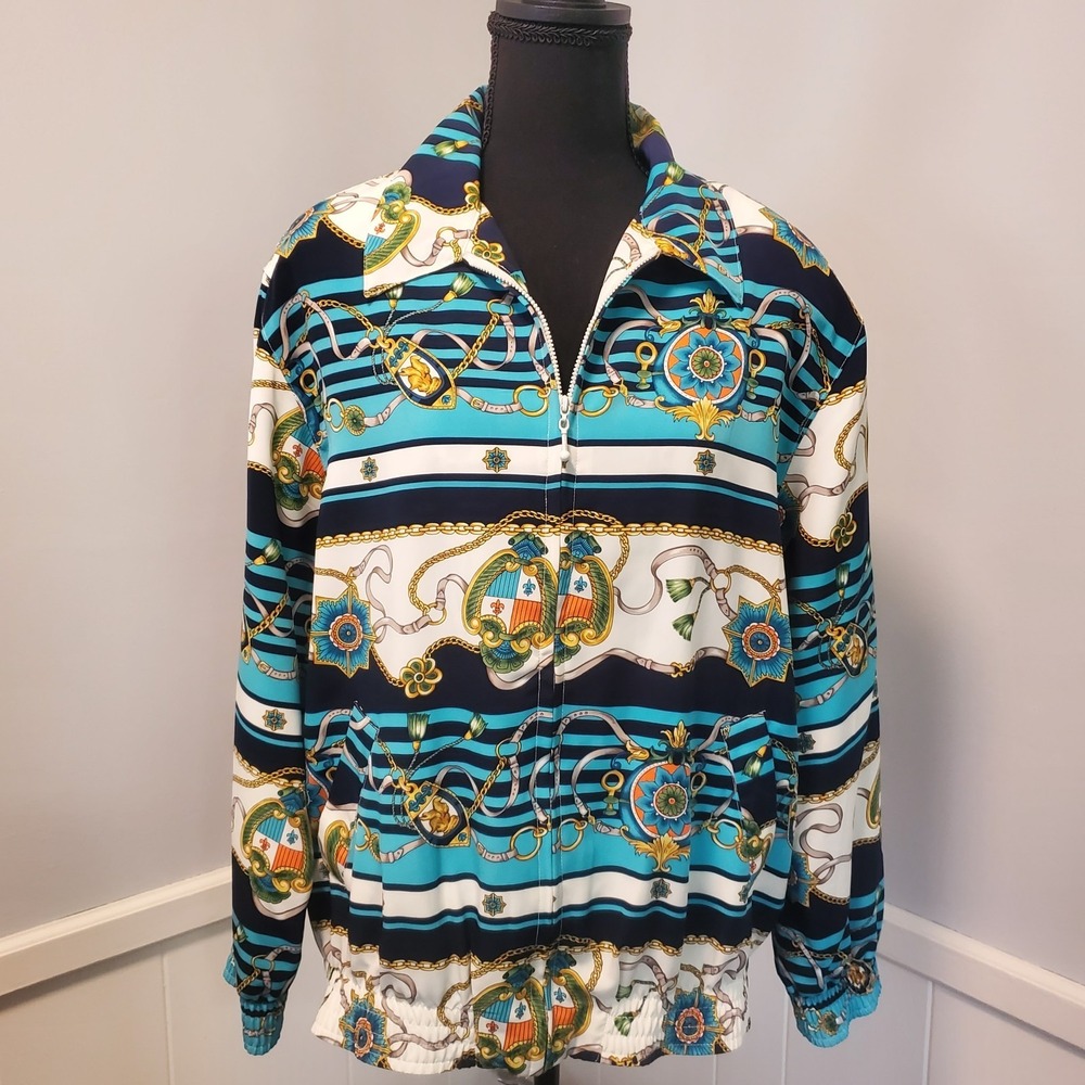 Vintage Alfred Dunner Equestrian Print Full Zip Bomber Style Jacket Women's 10